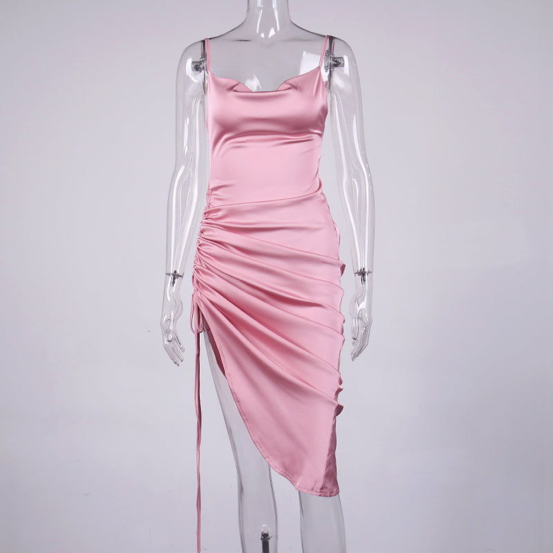 Heidi-Mode | Satin Ärmelloses Rüschen Drawstring Midi Kleider
