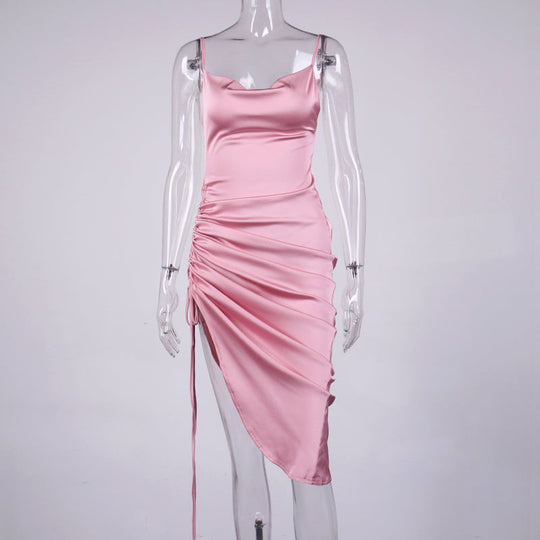 Heidi-Mode | Satin Ärmelloses Rüschen Drawstring Midi Kleider