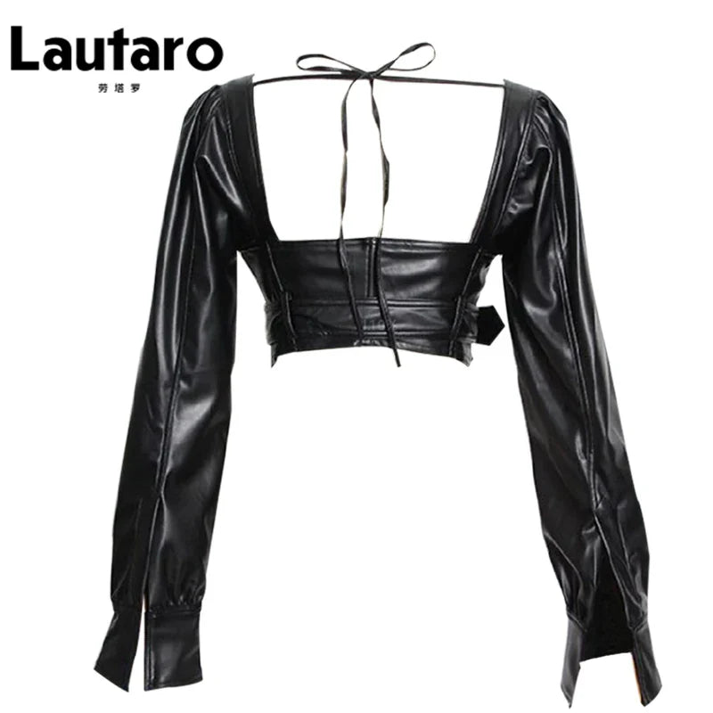 Heidi-Mode | Lautaro Y2K Schwarz Fauxleder Crop Top Frauen Quadrat-Ausschnitt Lange Ärmel Reißverschluss Beschnittene Jacke Sexy Rückenfrei Mode 5Xl 6Xl