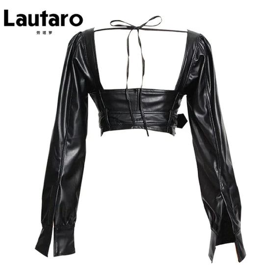Heidi-Mode | Lautaro Y2K Schwarz Fauxleder Crop Top Frauen Quadrat-Ausschnitt Lange Ärmel Reißverschluss Beschnittene Jacke Sexy Rückenfrei Mode 5Xl 6Xl