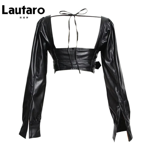 Heidi-Mode | Lautaro Y2K Schwarz Fauxleder Crop Top Frauen Quadrat-Ausschnitt Lange Ärmel Reißverschluss Beschnittene Jacke Sexy Rückenfrei Mode 5Xl 6Xl