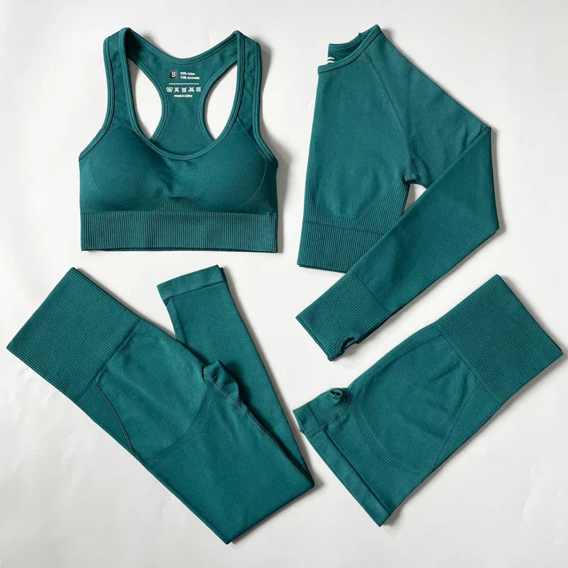 Heidi-Mode | 2/3/4Pcs Nahtlose Frauen Yoga Set Trainings Sportbekleidung Fitness Langarm Crop Top Hohe Taille Leggings Sportanzug