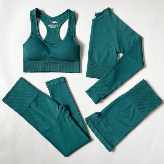 Heidi-Mode | 2/3/4Pcs Nahtlose Frauen Yoga Set Trainings Sportbekleidung Fitness Langarm Crop Top Hohe Taille Leggings Sportanzug