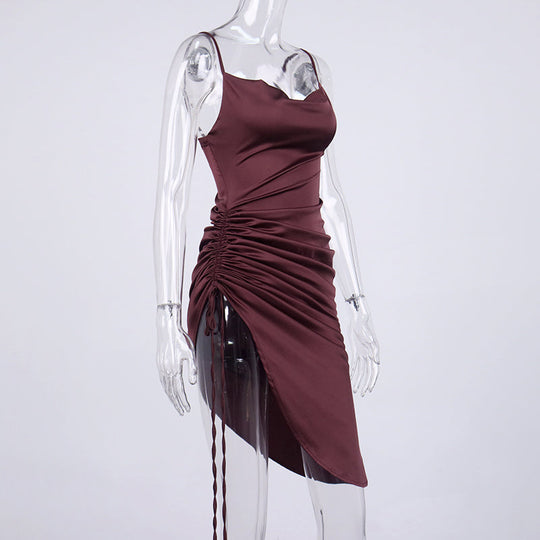 Heidi-Mode | Satin Ärmelloses Rüschen Drawstring Midi Kleider
