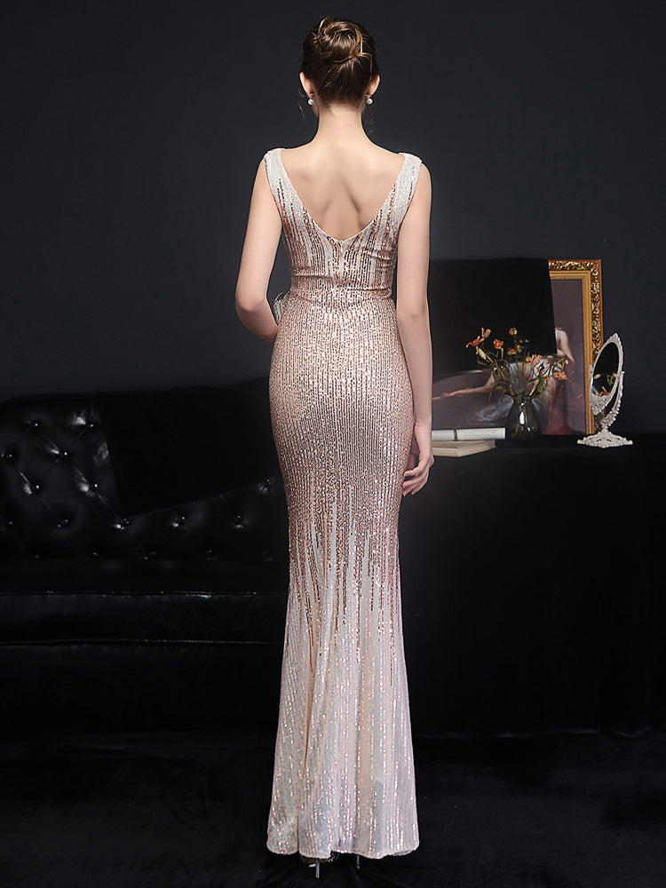 Heidi-Mode | Ärmellose V-Ausschnitt Paillettenkleid Maxi