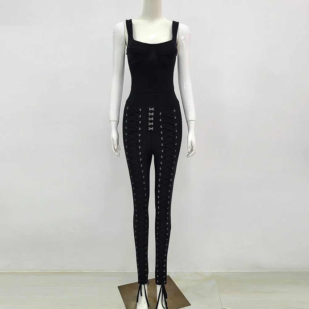 Heidi-Mode | Schwarz Weiß Ärmellos Weben Rayon Bandage Jumpsuit Cocktailparty Bodycon Jumpsuit Vestidos