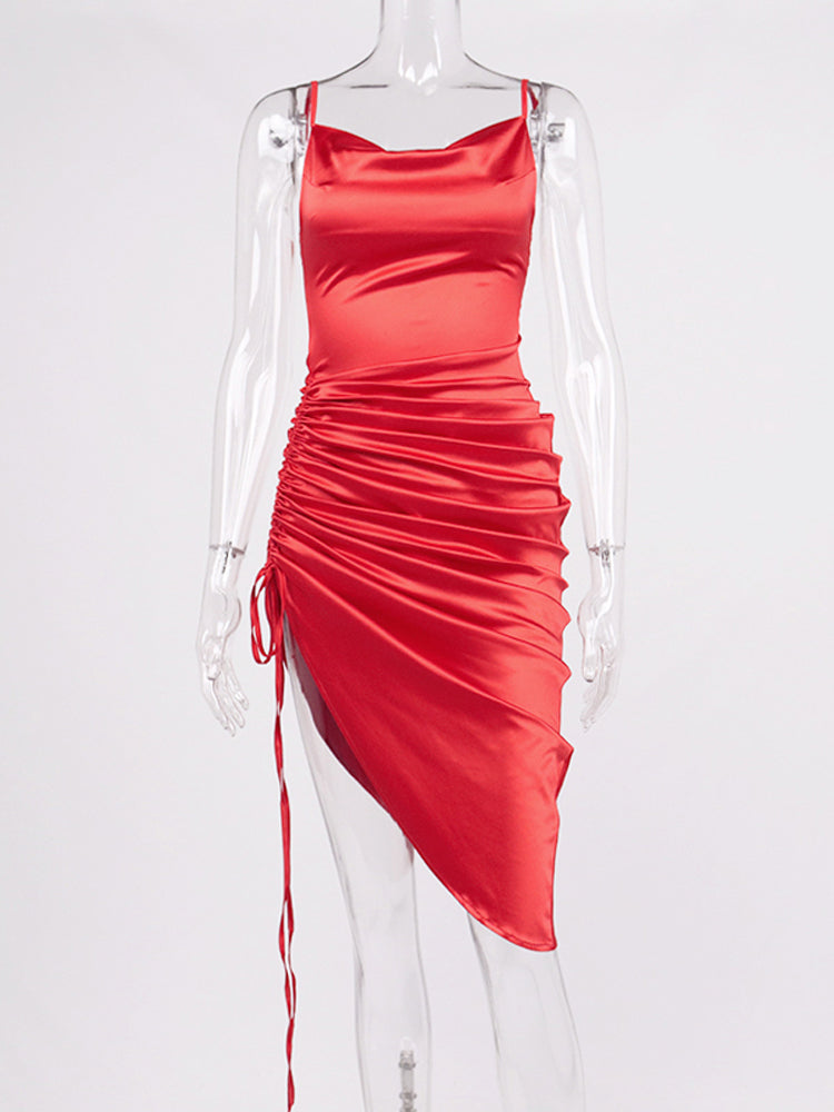 Heidi-Mode | Satin Ärmelloses Rüschen Drawstring Midi Kleider