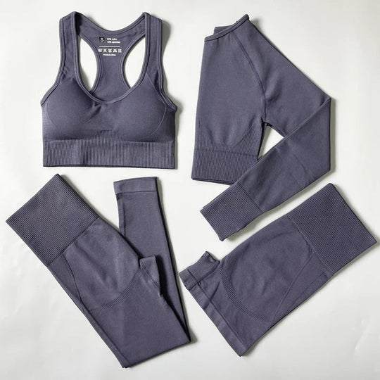 Heidi-Mode | 2/3/4Pcs Nahtlose Frauen Yoga Set Trainings Sportbekleidung Fitness Langarm Crop Top Hohe Taille Leggings Sportanzug