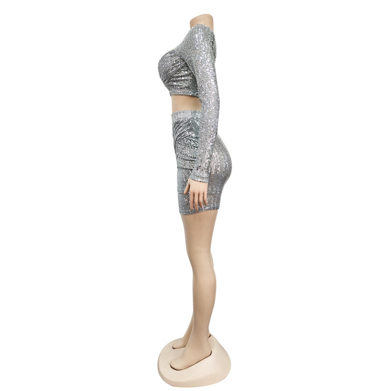 Heidi-Mode | Pailletten Crop Top & Hohe Taille Minirock Sets