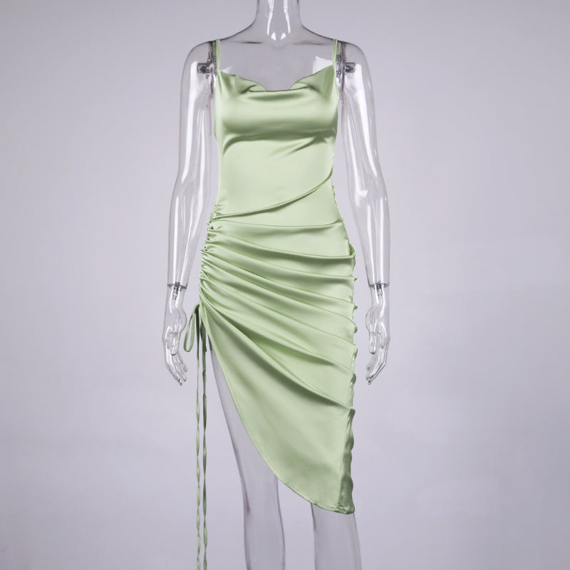 Heidi-Mode | Satin Ärmelloses Rüschen Drawstring Midi Kleider