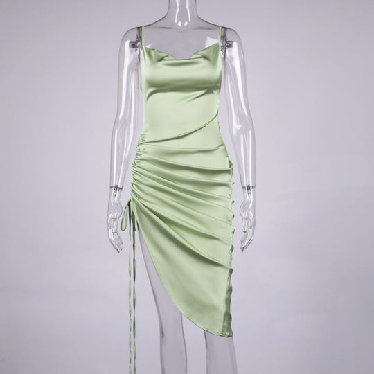 Heidi-Mode | Satin Ärmelloses Rüschen Drawstring Midi Kleider