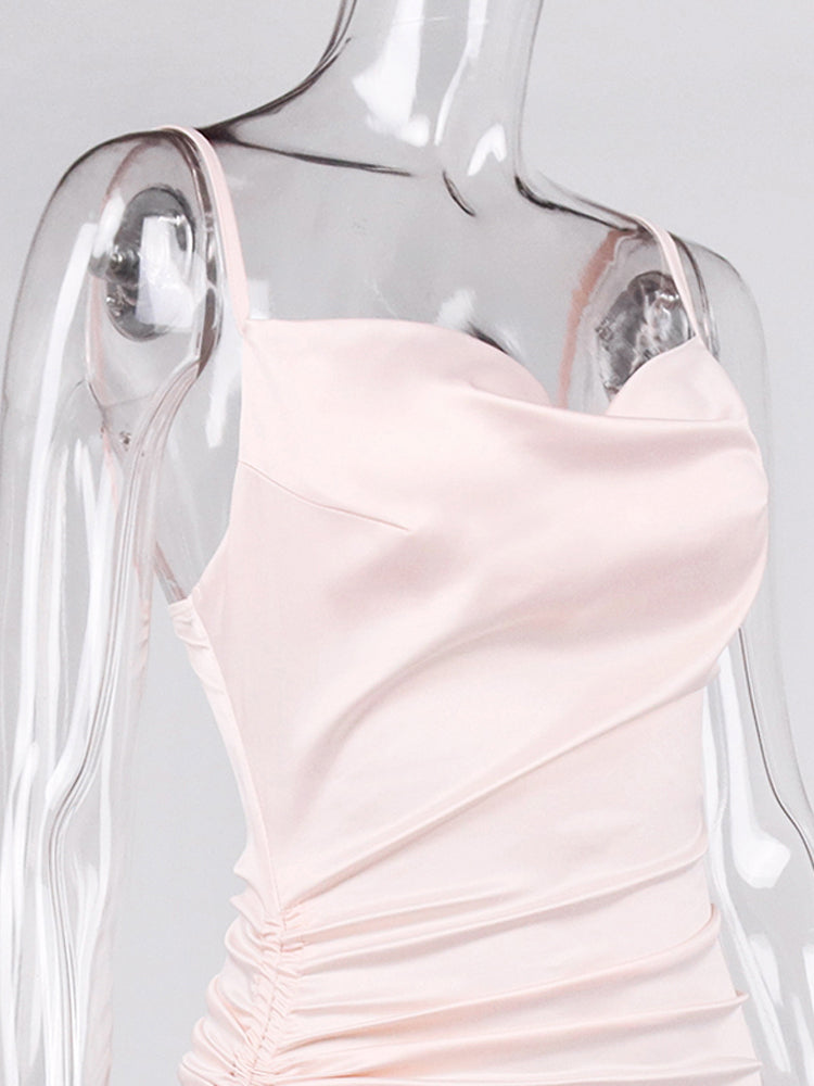 Heidi-Mode | Satin Ärmelloses Rüschen Drawstring Midi Kleider
