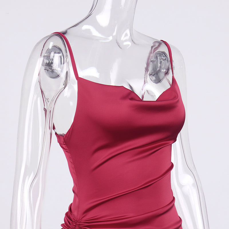 Heidi-Mode | Satin Ärmelloses Rüschen Drawstring Midi Kleider