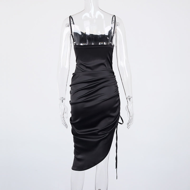 Heidi-Mode | Satin Ärmelloses Rüschen Drawstring Midi Kleider