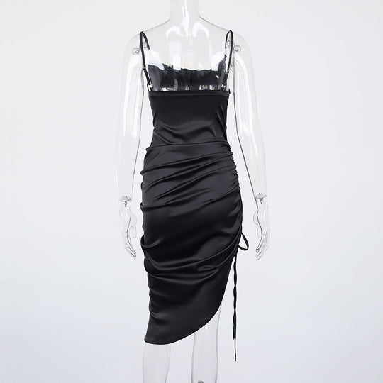 Heidi-Mode | Satin Ärmelloses Rüschen Drawstring Midi Kleider
