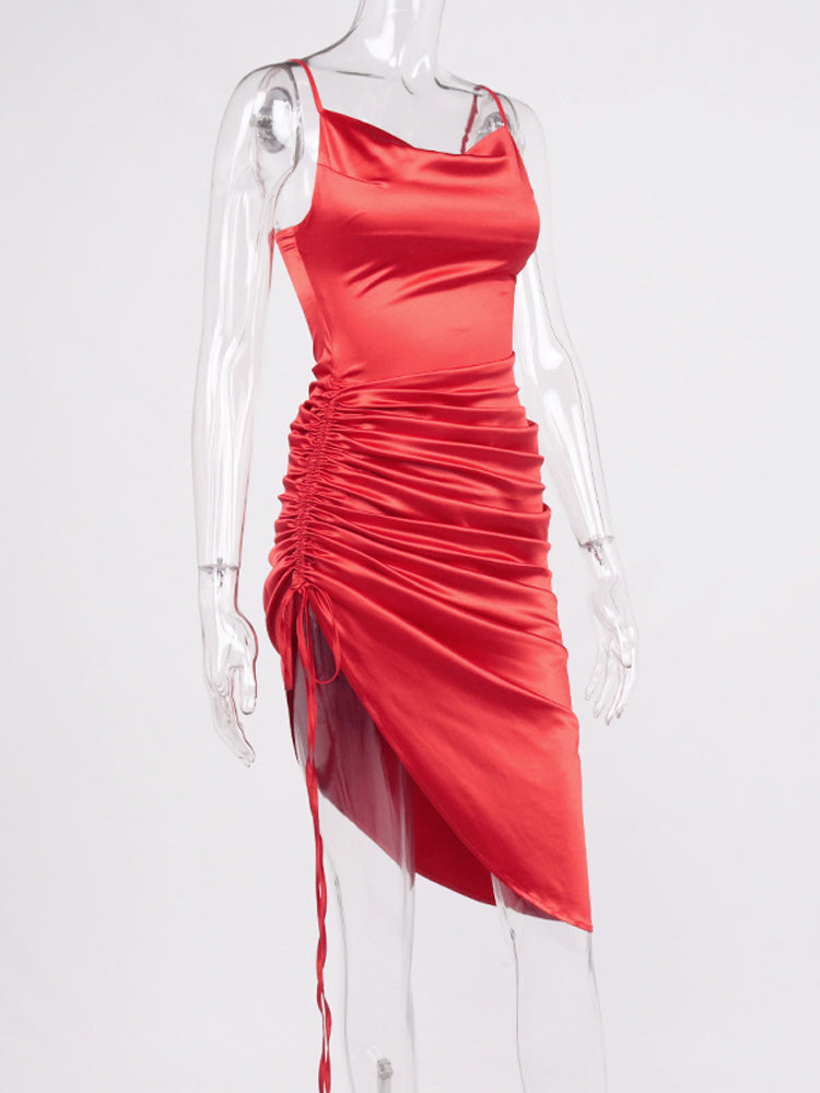 Heidi-Mode | Satin Ärmelloses Rüschen Drawstring Midi Kleider