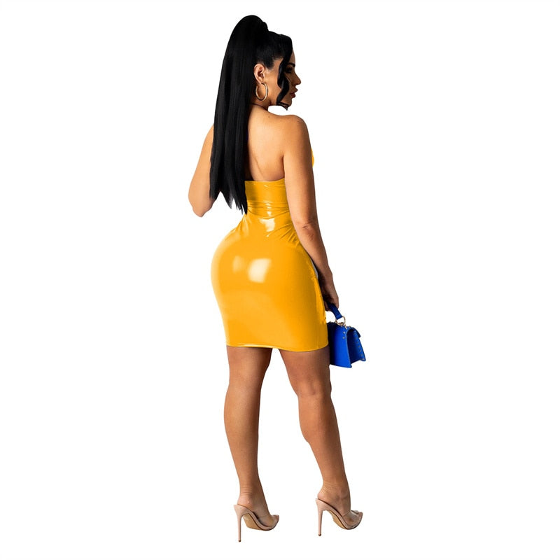 Heidi-Mode | Pu-Leder Hohl Halfter Rückenfreies Mini Kleid - Multi-Farben