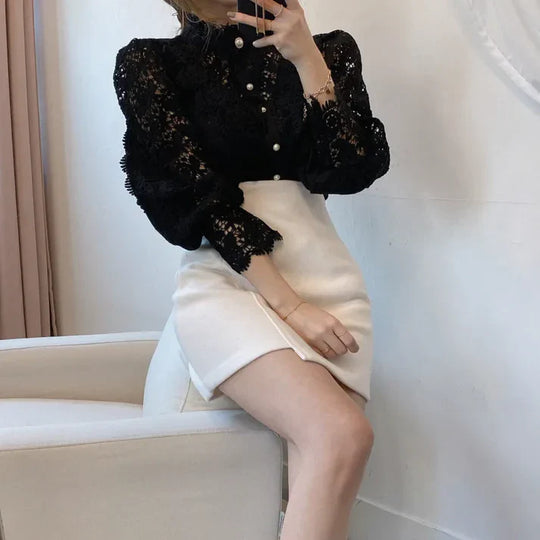 Heidi-Mode | Spitzenbluse mit Stehkragen