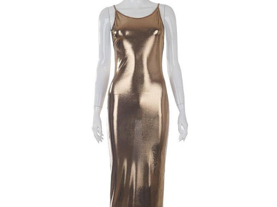Heidi-Mode | Metallic O-Ausschnitt Offene Rückansicht Körperbeton Maxi Kleider