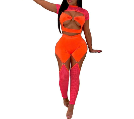Heidi-Mode | Neon Hohl Crop Top und Hohes Oberschenkelhose Jumpsuits