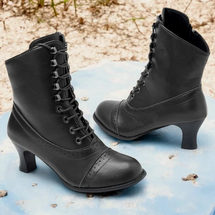 Heidi-Mode | Damen Viktorianische Braune Mid-Heel Schnürstiefel mit Reißverschluss