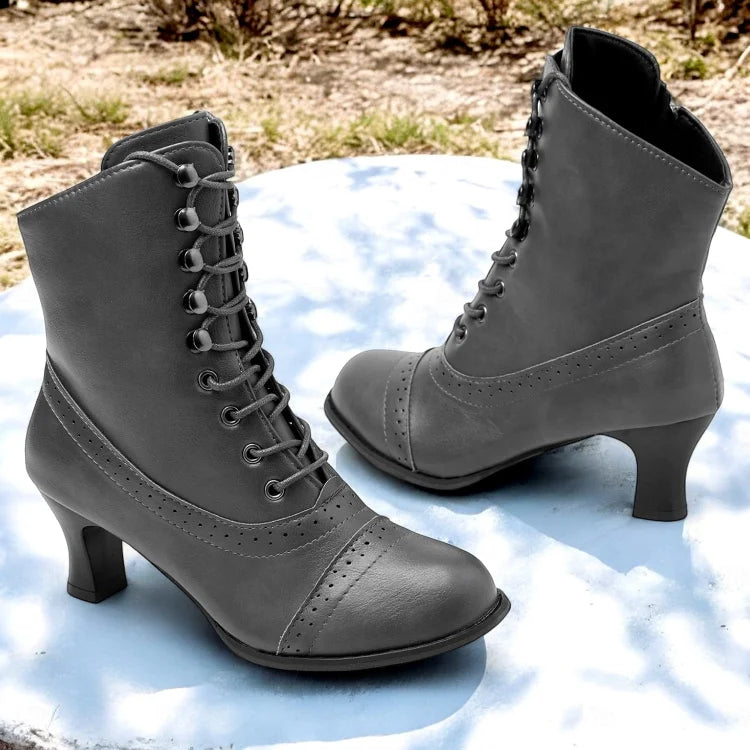 Heidi-Mode | Damen Viktorianische Braune Mid-Heel Schnürstiefel mit Reißverschluss
