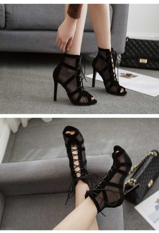 Heidi-Mode | Schwarze Schnürung Peep Toe Netz High Heel Knöchel Stiefel