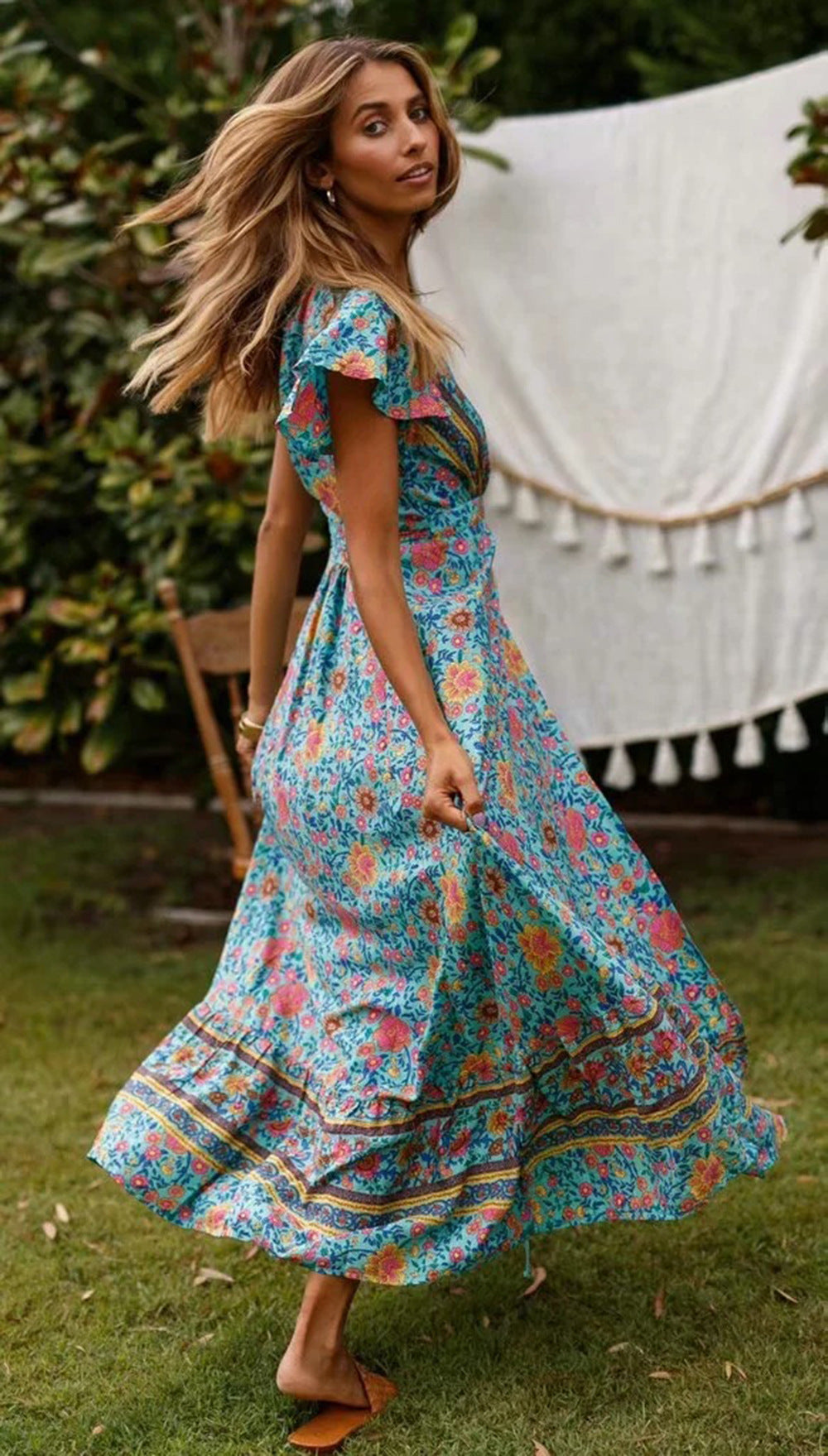 Heidi-Mode | Weinlese Blumen Print Boho Kurzarm Spaltet Maxi Kleider