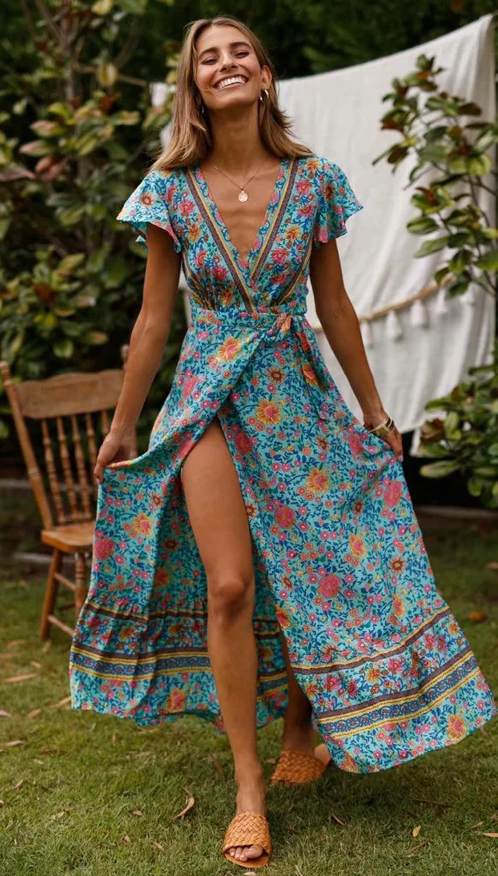 Heidi-Mode | Weinlese Blumen Print Boho Kurzarm Spaltet Maxi Kleider