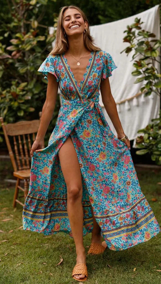 Heidi-Mode | Weinlese Blumen Print Boho Kurzarm Spaltet Maxi Kleider