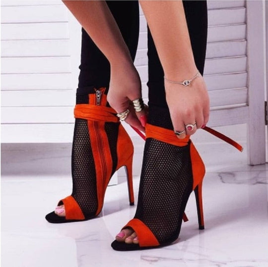 Heidi-Mode | Rot & Schwarz Peep Toe Stiletto Bandage Ankle Boots
