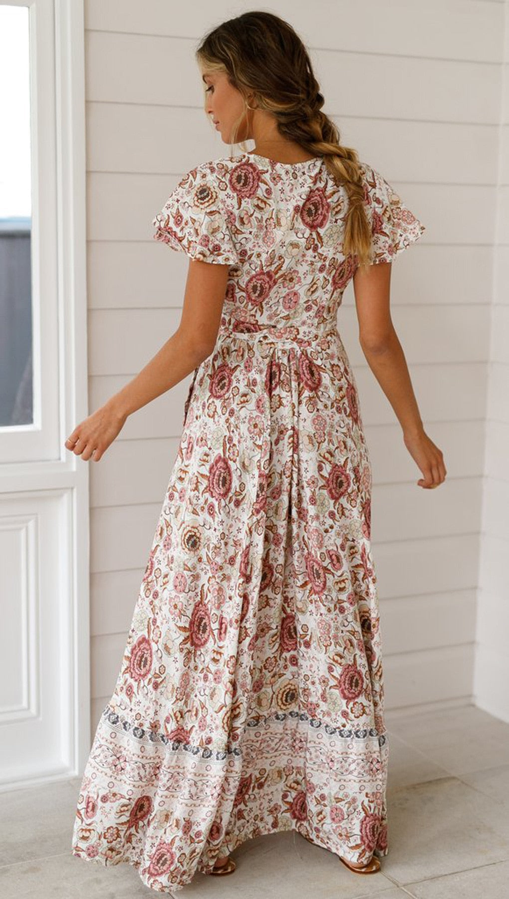 Heidi-Mode | Weinlese Blumen Print Boho Kurzarm Spaltet Maxi Kleider