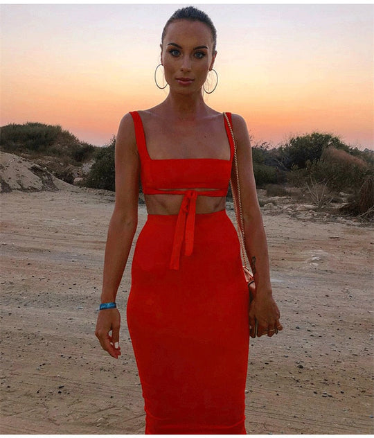 Heidi-Mode | Tank Top Bauch Knoten und Langer Bodycon Rock Satzs