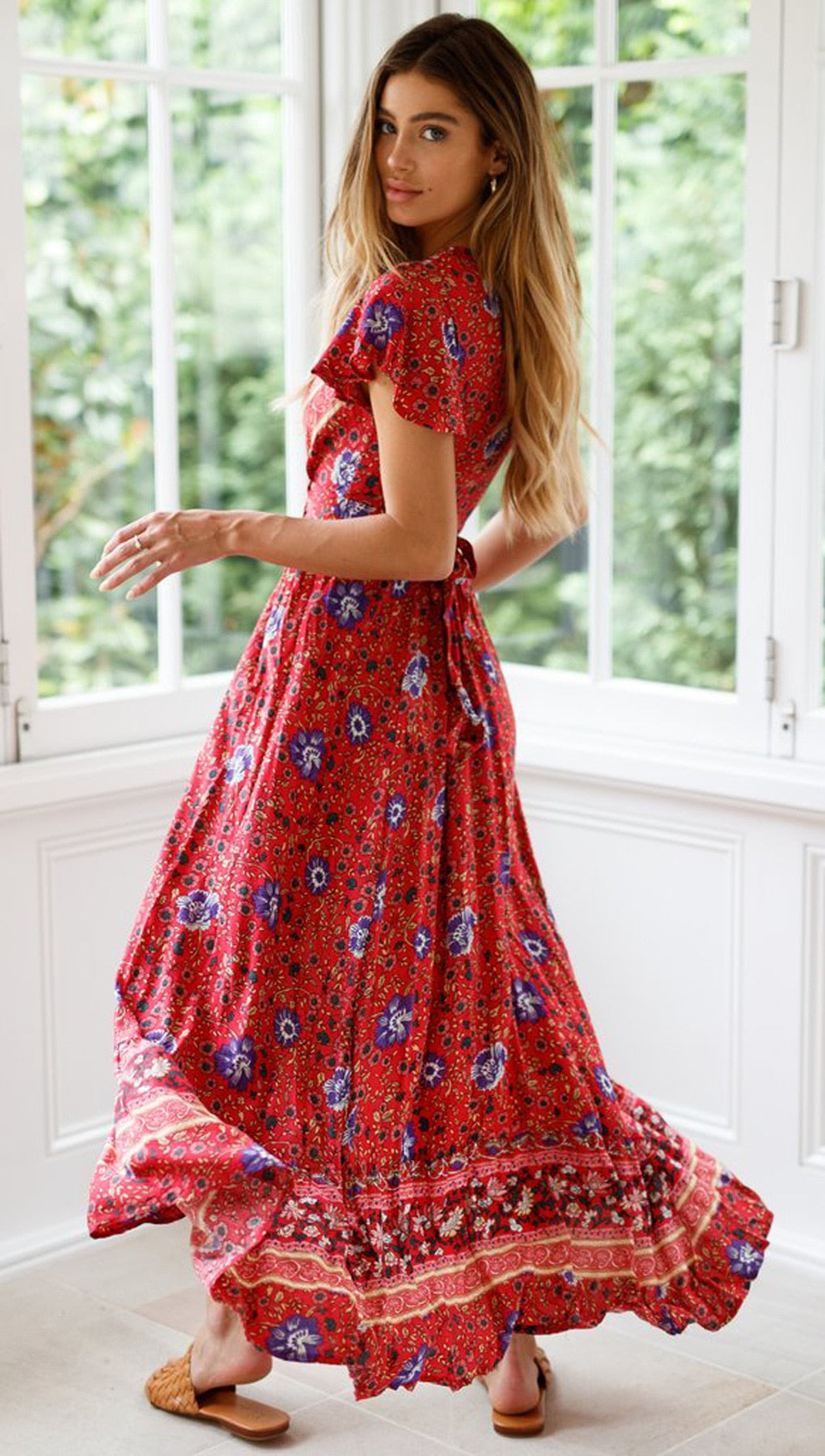 Heidi-Mode | Weinlese Blumen Print Boho Kurzarm Spaltet Maxi Kleider