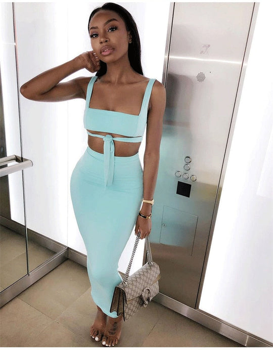 Heidi-Mode | Tank Top Bauch Knoten und Langer Bodycon Rock Satzs