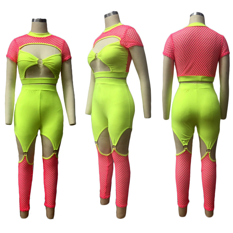 Heidi-Mode | Neon Hohl Crop Top und Hohes Oberschenkelhose Jumpsuits