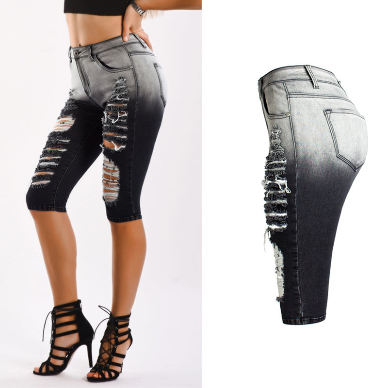 Heidi-Mode | Knielange Zerrissene Moto Jeans Shorts