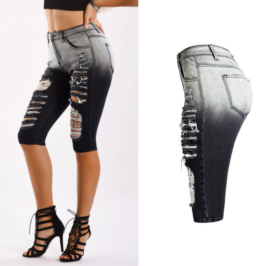 Heidi-Mode | Knielange Zerrissene Moto Jeans Shorts