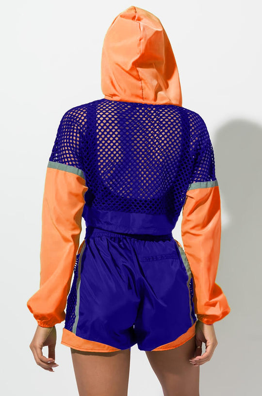 Heidi-Mode | Fishnet Langarm Kapuzenpulli Jacken und Shorts Satzs