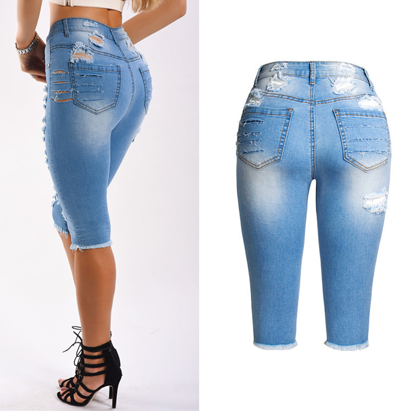 Heidi-Mode | Knielange Zerrissene Moto Jeans Shorts