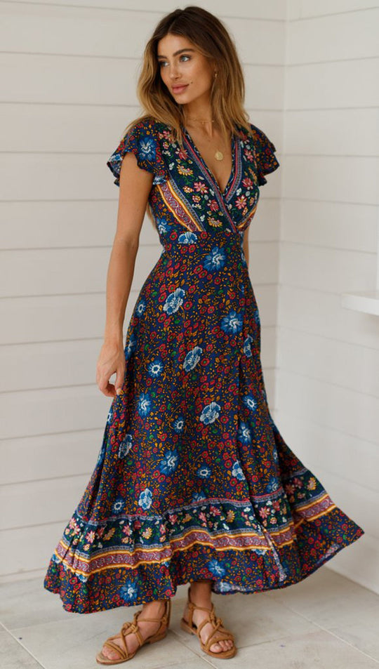 Heidi-Mode | Weinlese Blumen Print Boho Kurzarm Spaltet Maxi Kleider