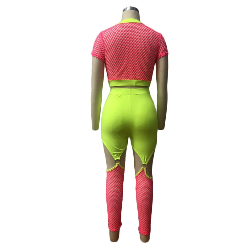 Heidi-Mode | Neon Hohl Crop Top und Hohes Oberschenkelhose Jumpsuits