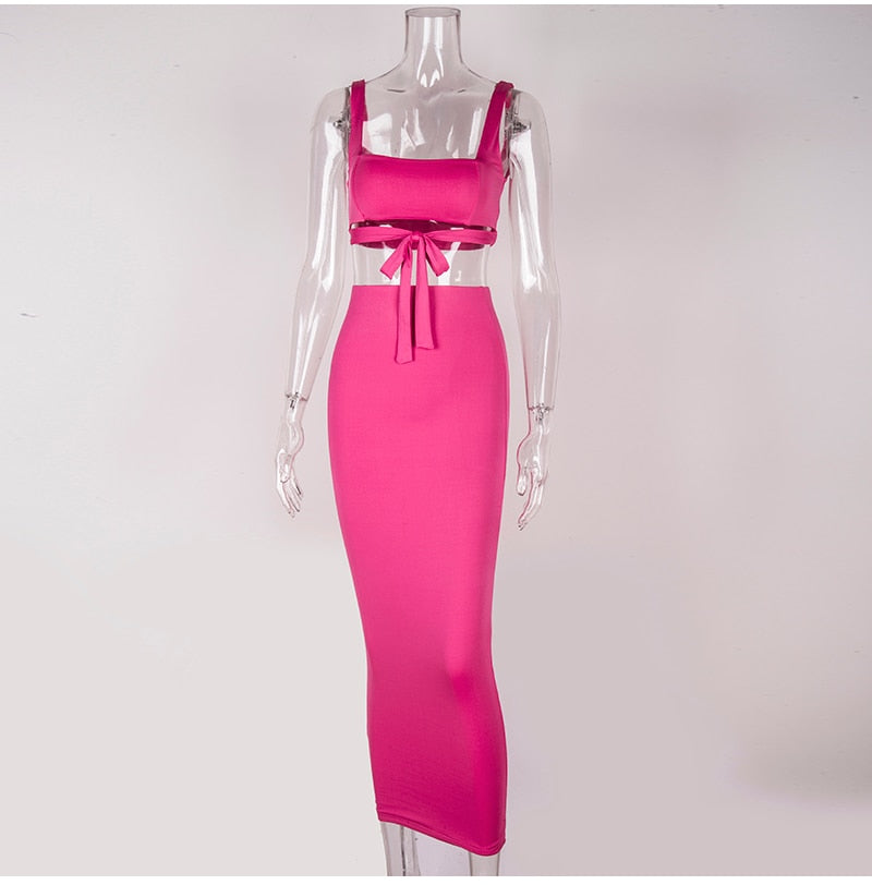 Heidi-Mode | Tank Top Bauch Knoten und Langer Bodycon Rock Satzs