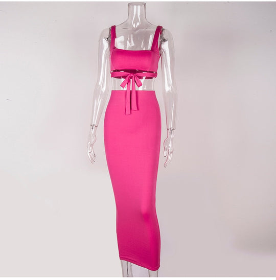 Heidi-Mode | Tank Top Bauch Knoten und Langer Bodycon Rock Satzs