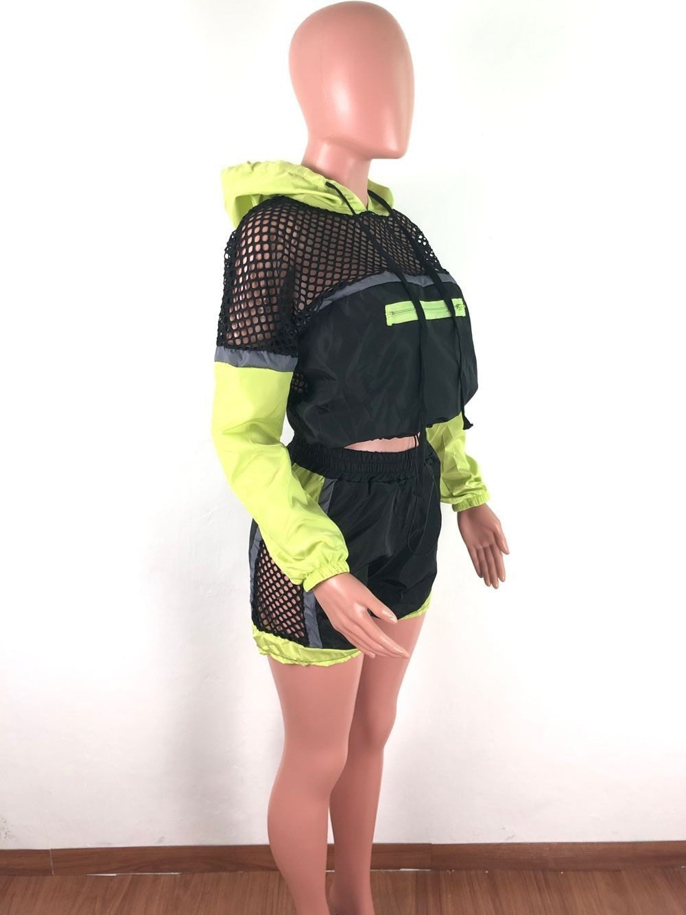 Heidi-Mode | Fishnet Langarm Kapuzenpulli Jacken und Shorts Satzs