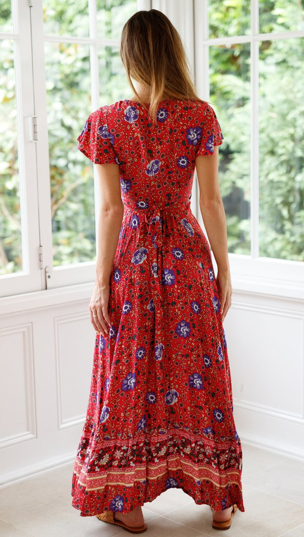 Heidi-Mode | Weinlese Blumen Print Boho Kurzarm Spaltet Maxi Kleider