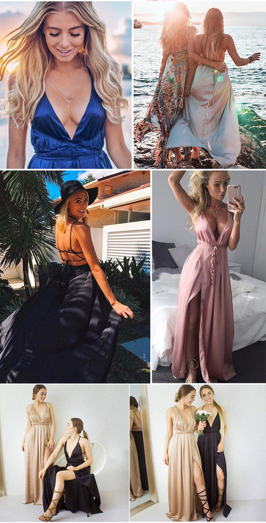 Heidi-Mode | V-Ausschnitt Rückenfreies Spalt Lange Partykleid