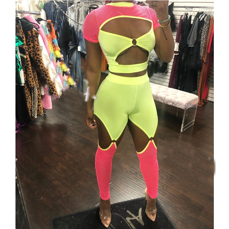 Heidi-Mode | Neon Hohl Crop Top und Hohes Oberschenkelhose Jumpsuits