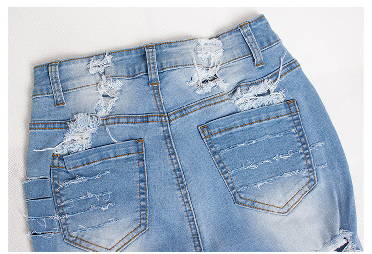 Heidi-Mode | Knielange Zerrissene Moto Jeans Shorts