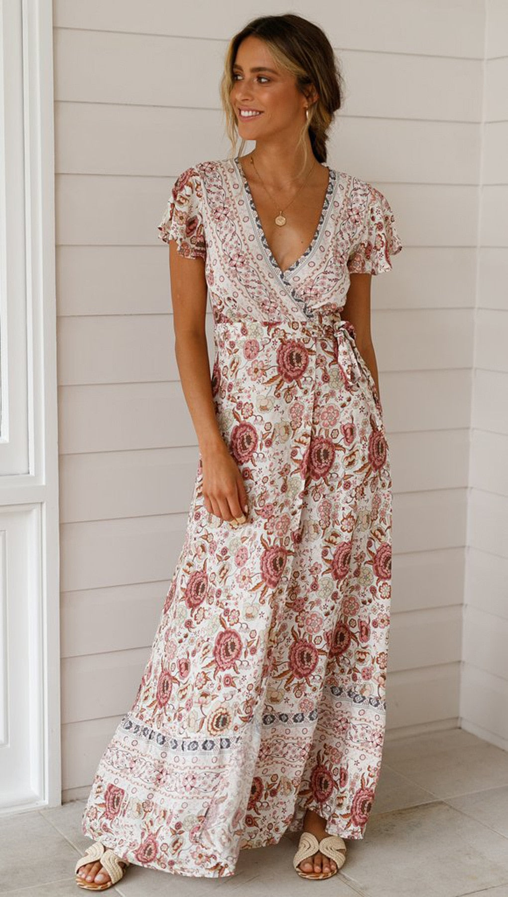 Heidi-Mode | Weinlese Blumen Print Boho Kurzarm Spaltet Maxi Kleider